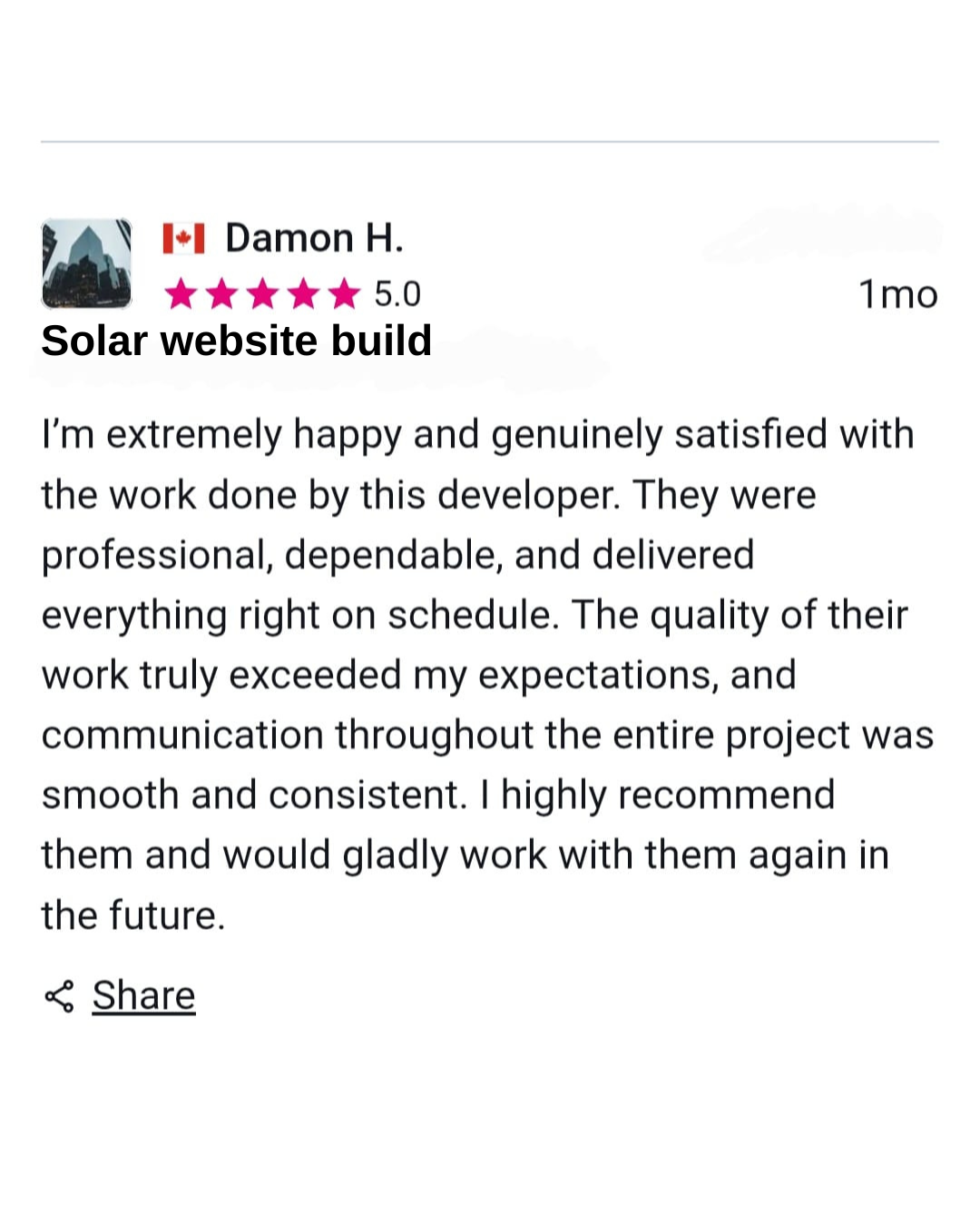 Verified Freelancer review — Damon H., Solar Website Build